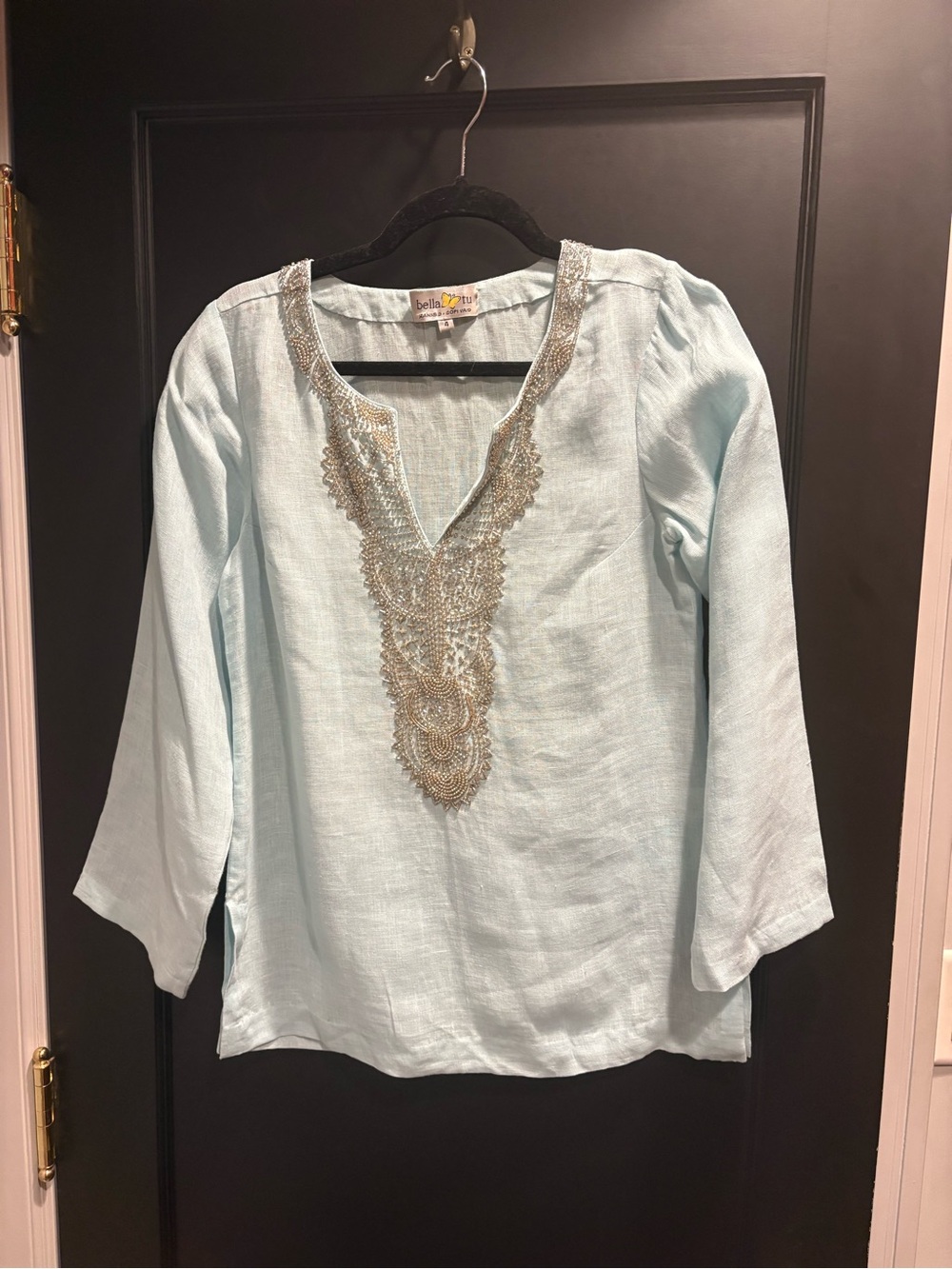 Beaded Light turqouise Blue Bella tu Women’s Tunic 100% linen size 4